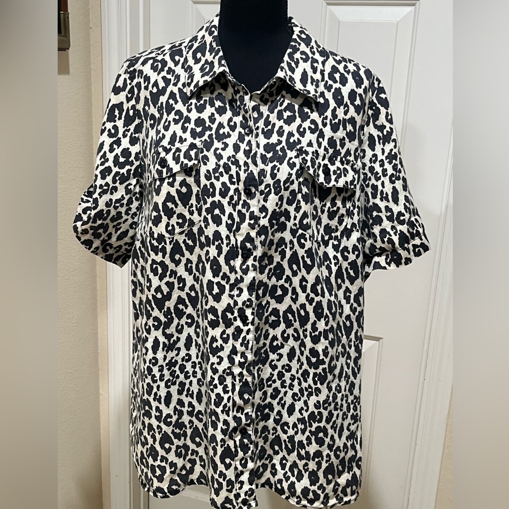 Kim Rogers Women's Black and Cream LEOPARD PRINT, CAREER WEAR Linen Top SIZE 1X